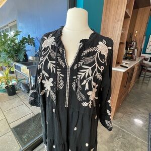 Johnny Was Black Dress with White Floral Embroidery